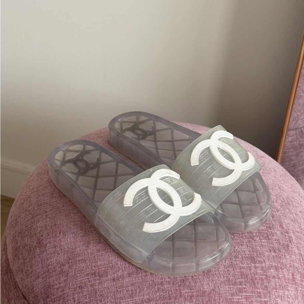 Chanel Transparent Jelly Slide Sandals with White Interlocking Logo